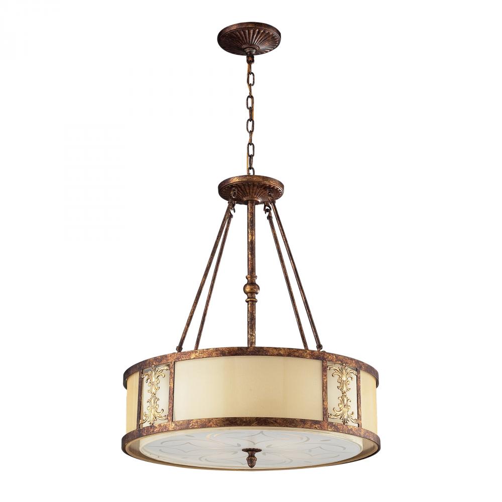Four Light Spanish Bronze Drum Shade Pendant